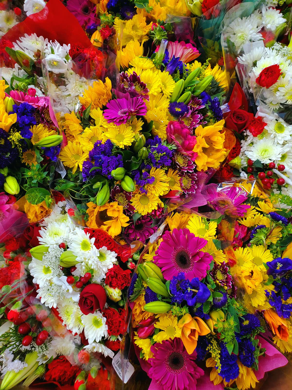 Mixed Bouquets for sale at NYC Flower House, photographed in the shop.